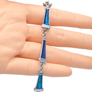 Bracelet Blue Teal Simulated Abalone Enamel Silver Tone Folding Clasp Approx 7"
